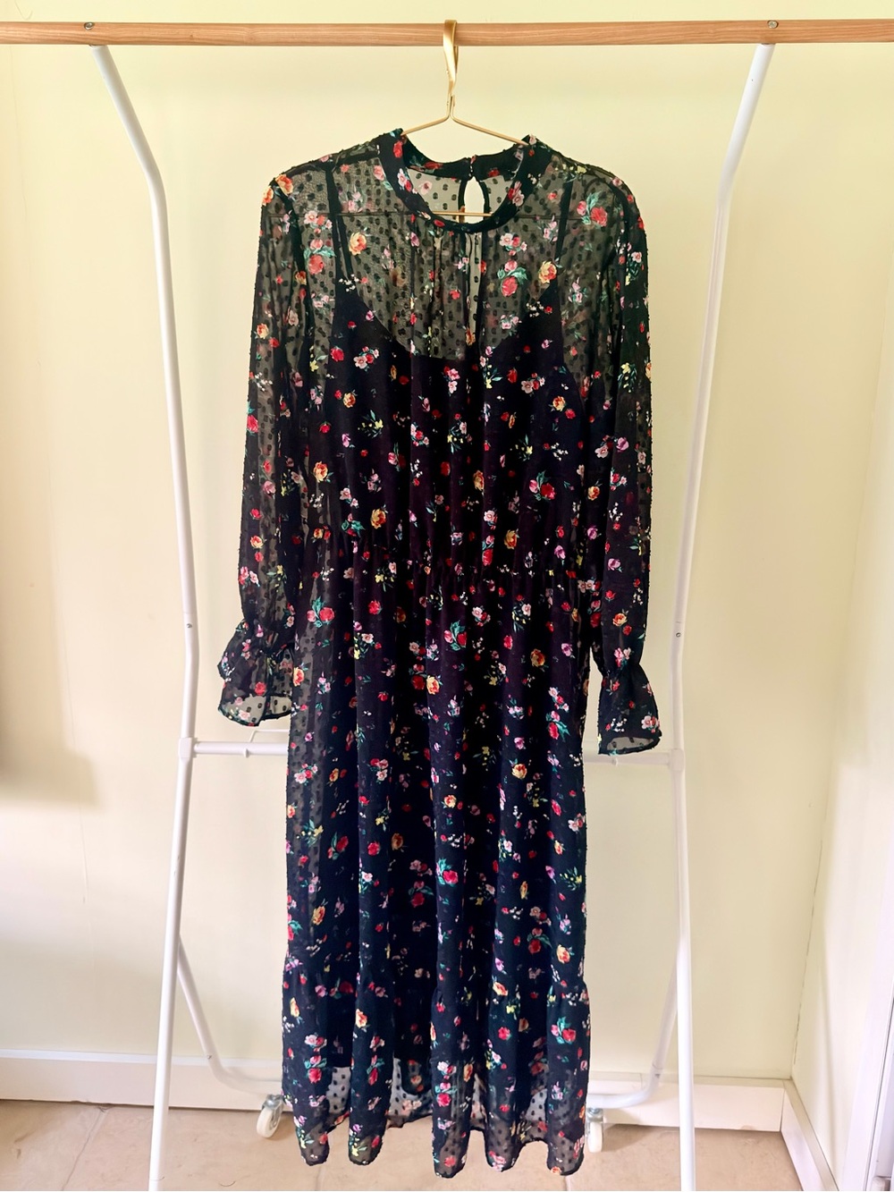 Banana Republic Black Floral Long-Sleeve Maxi Dress